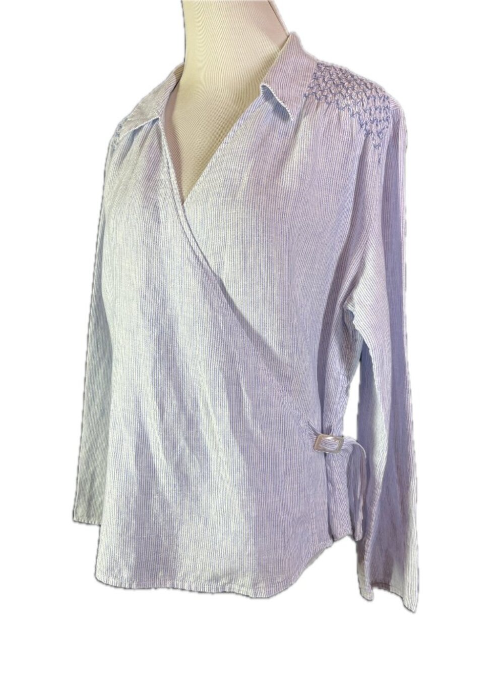 Vintage J. Jill Size L Blue Linen Striped Wrap Top Long Sleeve Smocked